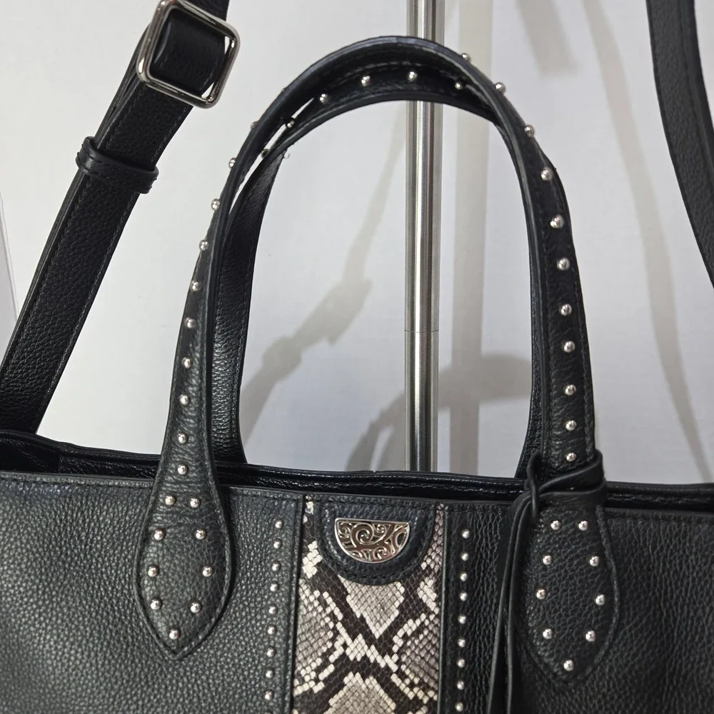 Brighton Tote Bag‎ Black Snakeskin Studded Leather Heart Charm Crossbody